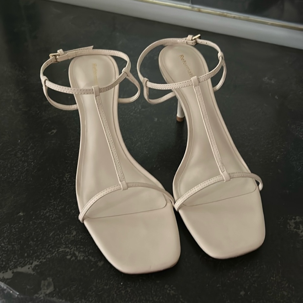 Reformation Nude T-Strap Square-Toe Heeled Sandals